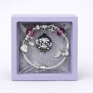 K-Pop Style Silver Charm Bracelet with Character Pendant & Pink Crystal Beads